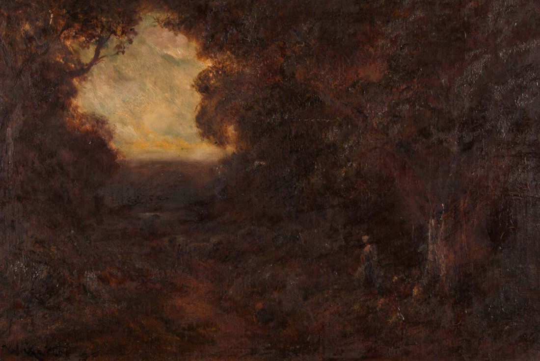 William Keith. Forestscape, oil on canvas: (American, 1838-1911). Signed and dated "W. Keith 55" ll, 16 x 24 1/4 in., framed