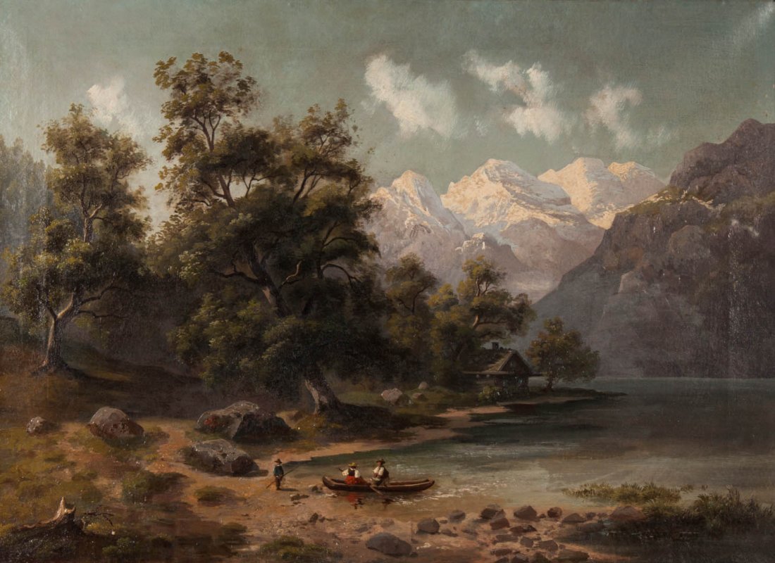 Continental School, e. 20th c., Landscape, oil: Early 20th century, Mountainous Landscape with Lake and Boaters, oil on canvas, unsigned, 22 1/2 x 30 3/4 in., framed