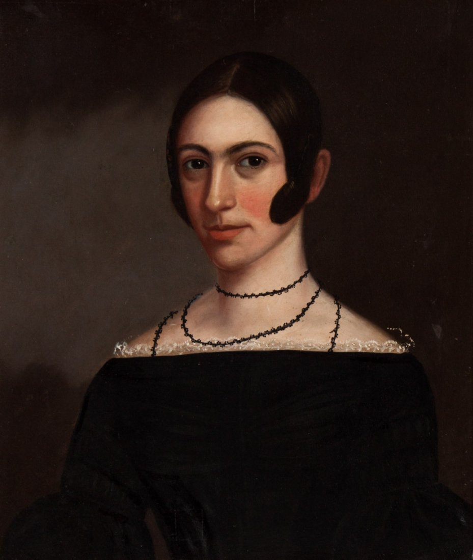 American School, 19th c. Portrait of a Lady, oil: Possibly by Ammi Phillips (American, 1778-1865). Oil on canvas, unsigned, attribution label adhered to verso, 23 x 19 1/4 in., framed