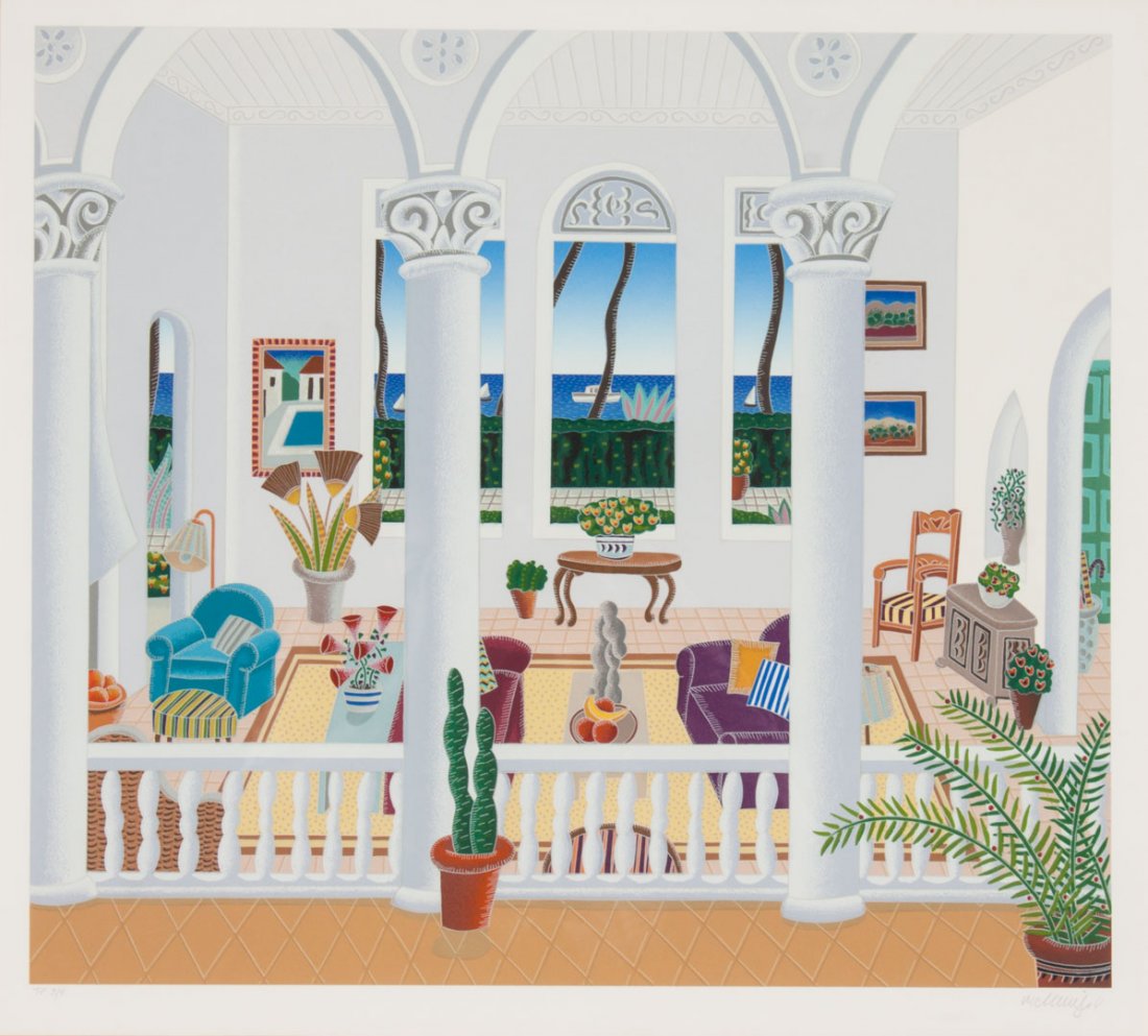 Thomas McKnight, Interior Scene, serigraph: Thomas Frederick McKnight (American, b. 1941). Interior Scene with Corinthian Columns, serigraph, signed "McKnight" lr, numbered TP 3/4 ll, image size: 15 3/4 x 18 in., framed.