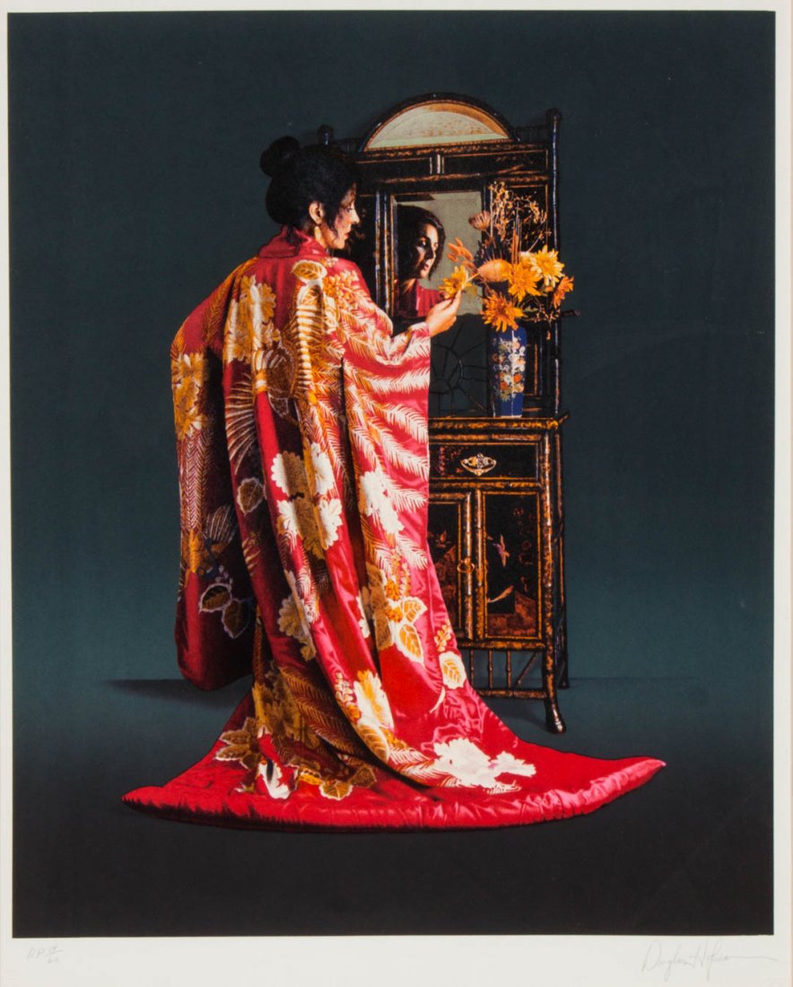 Douglas Hofmann. Woman in Red Kimono, lithograph: (American, b. 1945). Color lithograph, ed. AP 14/60, signed "Douglas Hofmann" lr, 28 x 223 in., framed