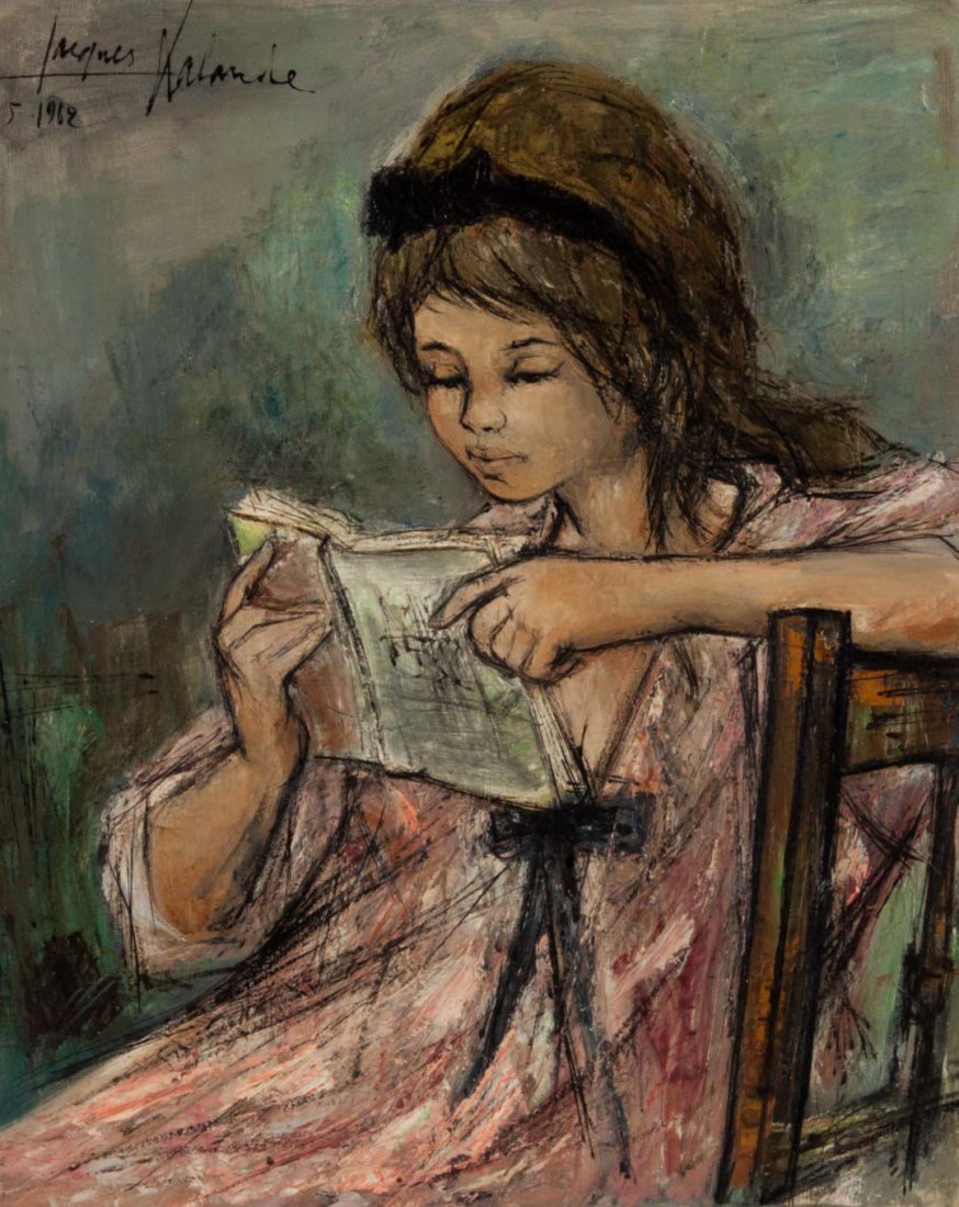 Jacques Lalande. Young Girl Reading, oil on canvas: (French, b. 1921). Signed and dated "Jacques Lalande, 1962" ul, 22 x 18 in., framed