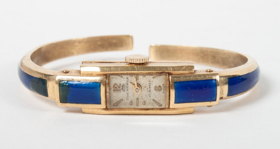 Lady's Bucherer 18K gold & blue enamel wrist watch: 15 grams