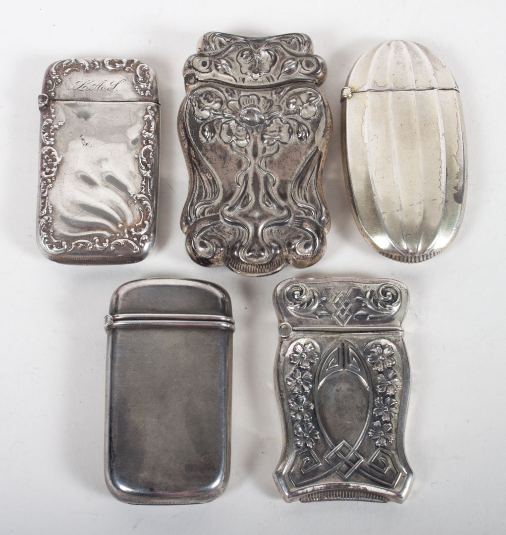 Five American sterling silver match safes: by Webster, F.S. Gilbert, Codding Bros. & Heilbron (slight dent on lower right corner), and Watrous, one is unmarked (monogrammed "HAM"), 3.55 ozt. t.w.