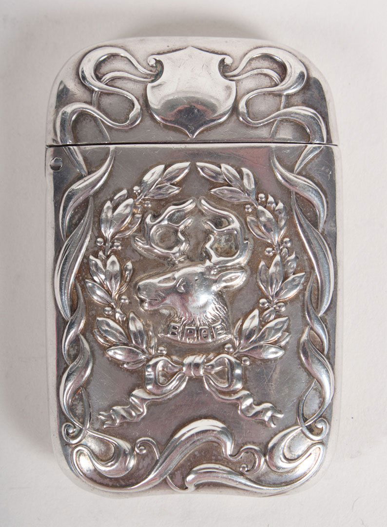 Sterling silver fraternal-theme match safe: with symbols of the Benevolent and Protective Order of Elks, no maker's mark apparent, 0.95 ozt.