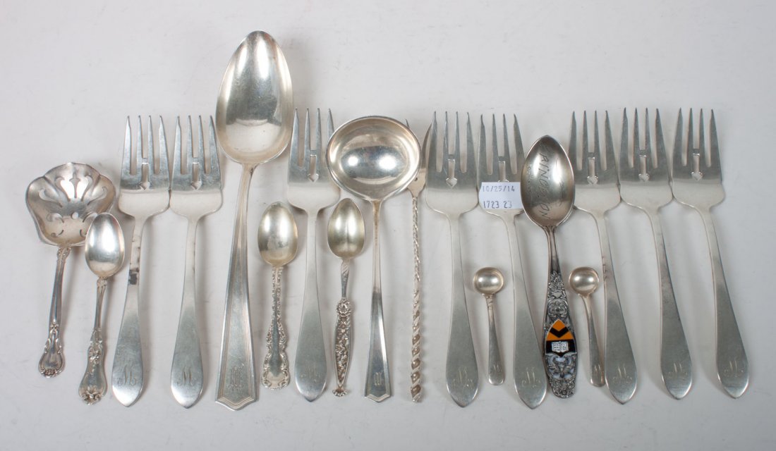 Group of American sterling silver flatware: by various makers, comprising 18 pieces, including: 8 Dominick & Haff salad forks, 2 Kirk salt spoons, Gorham bon bon spoon, 3 demitasse spoons, "Princeton" souvenir spoon, serving spoon, gravy ladle,