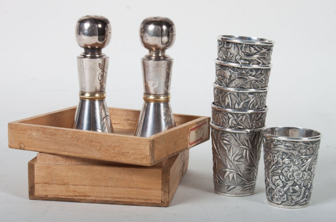 Six Chinese silver shot glasses: together with a pair of Japanese salt & pepper shakers, with wooden box, 6.10 ozt. t.w.