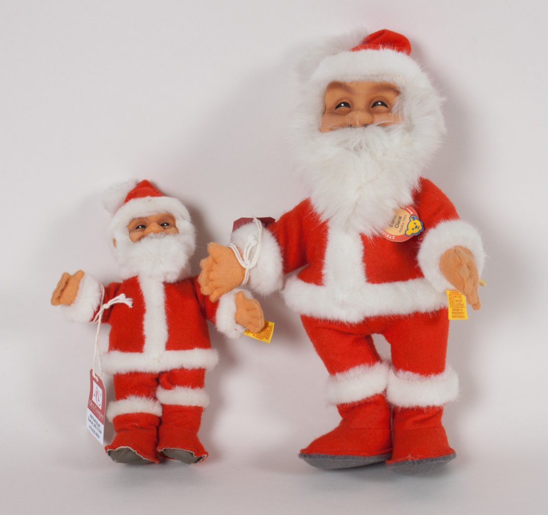 Two Steiff Santas: each in traditional costume, 8 and 11 in. H.