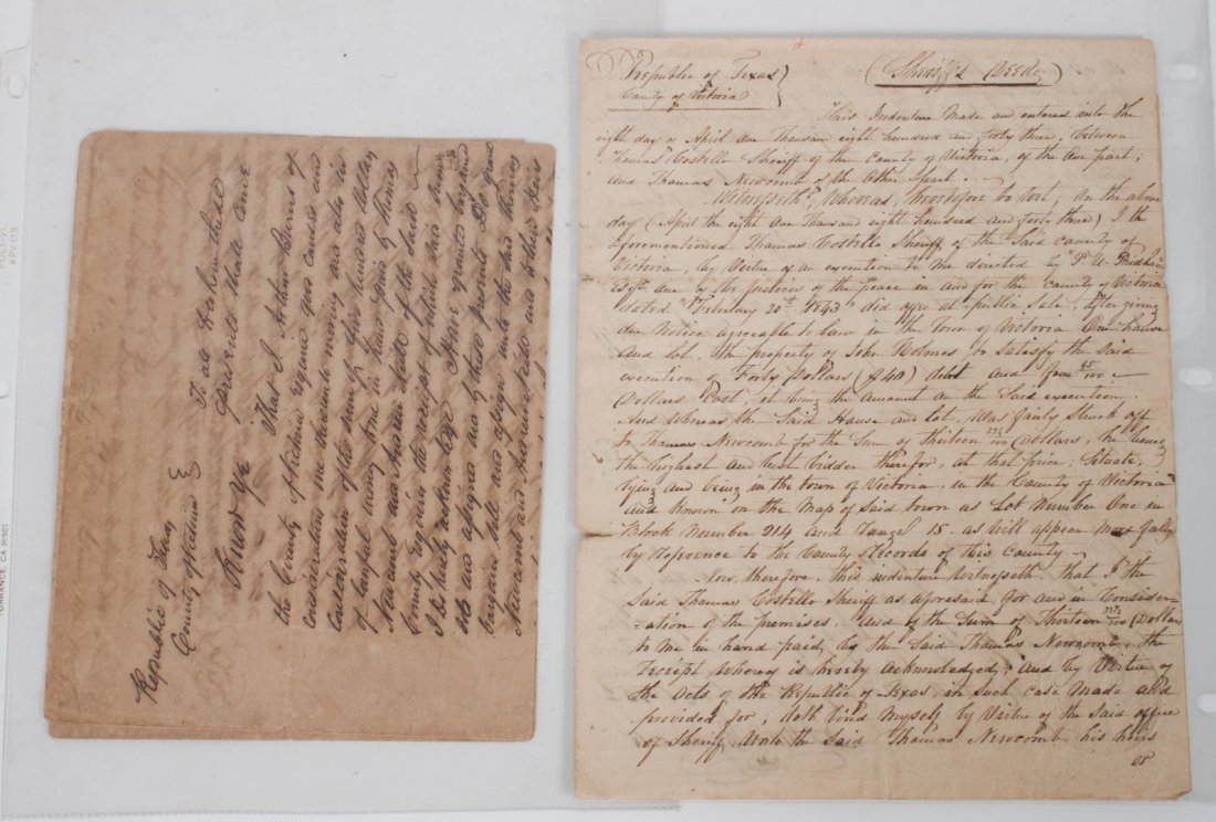[Americana] Two Republic of Texas documents: 1) Statement referring to the transfer of a judgment of debt, Victoria Co., 1845; and a Sheriff's deed transferring ownership of a house and lot, Victoria Co., 1845