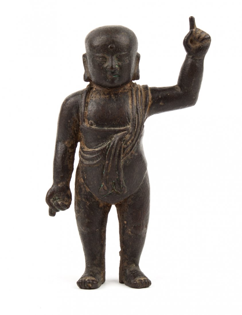 Chinese Buddhist bronze figure: 19th century or earlier; standing figure of Buddhist disciple, 5 in. H.