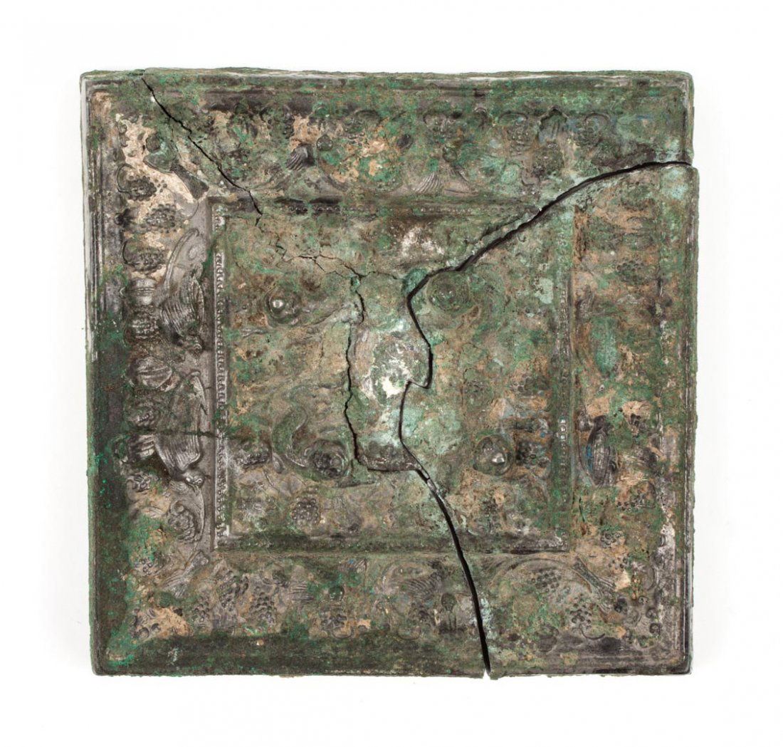 Chinese bronze square hand mirror: possibly Zhou, 4 1/2 in. Sq.