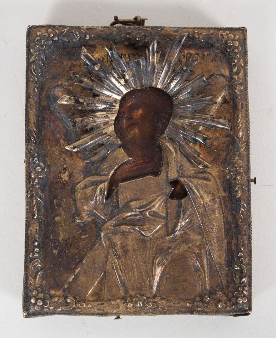 Russian miniature icon with silver riza: 19th century; oil on wood of saint, possibly St. Andrew, with silver halloed riza, with maker's mark on riza edge, 3 in. H., 2 1/2 in. W.
