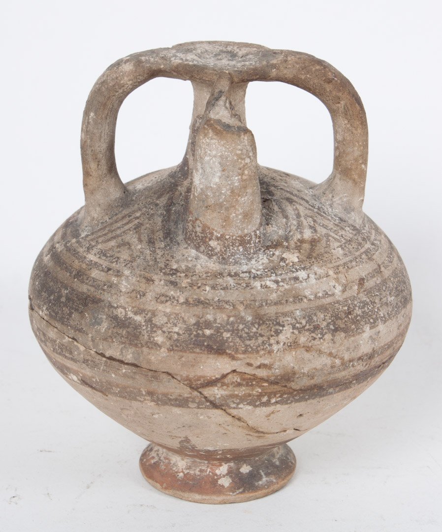 Middle Eastern painted ceramic two-handled vessel: 15th century or earlier; 4 1/2 in. H.