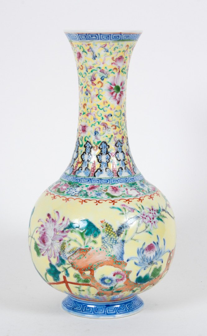 Chinese Famille rose porcelain vase: second half-19th century; with Doaguang mark, meandering flower and scholar stone decoration, 8 1/2 in. H.