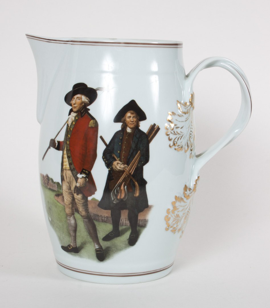 Mottahedeh porcelain cider jug: in the Chinese Export manner, decoration taken from the print "The Society of Goffers," at Blackheath, by V. Green, 9 1/2 in. H.