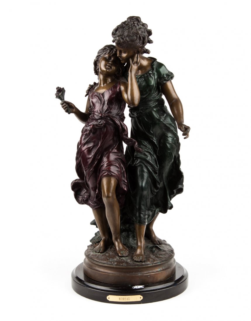 After Moreau. Two Nymphs, painted bronze sculpture: modeled as two young girls picking flowers in meadow, signed in cast "Moreau," mounted on black marble base with brass name plate, 23 in. H. total