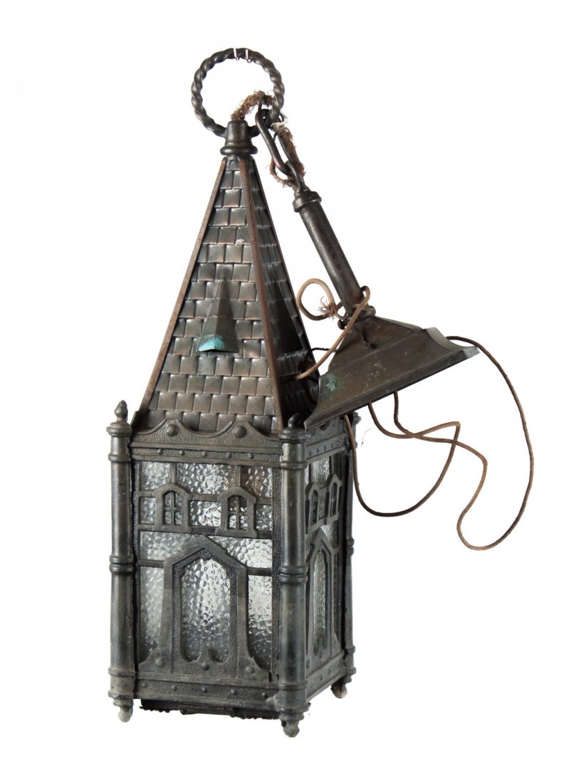 Gothic style metal and glass hanging light: early 20th century; in the form of a house with four chipped ice glass panels, 18 in. H.
