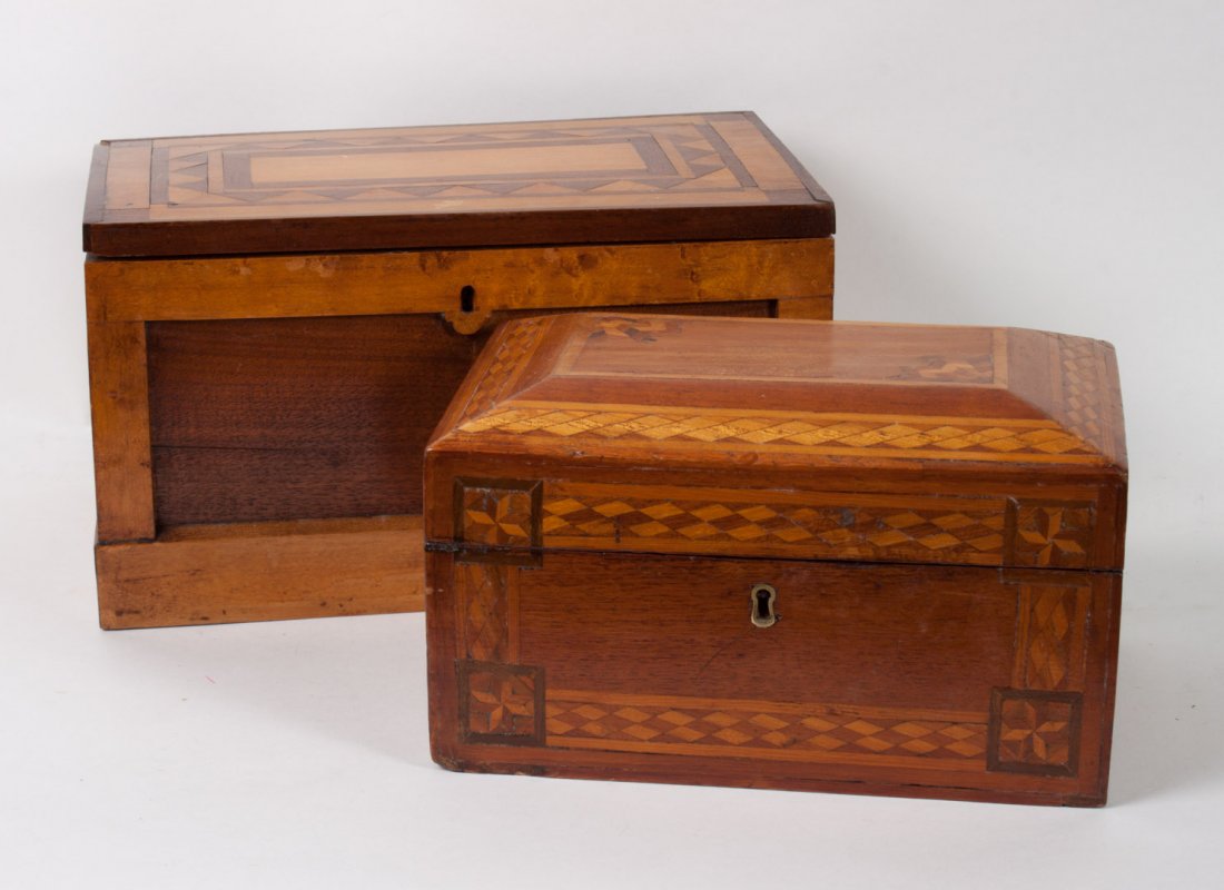 Two inlaid wood jewelry boxes: late 19th century; each with elaborate geometric pattern inlay, 6 in. H., 9 1/2 in. W., 6 in. D.; other - 7 in. H., 12 in. W., 7 D.