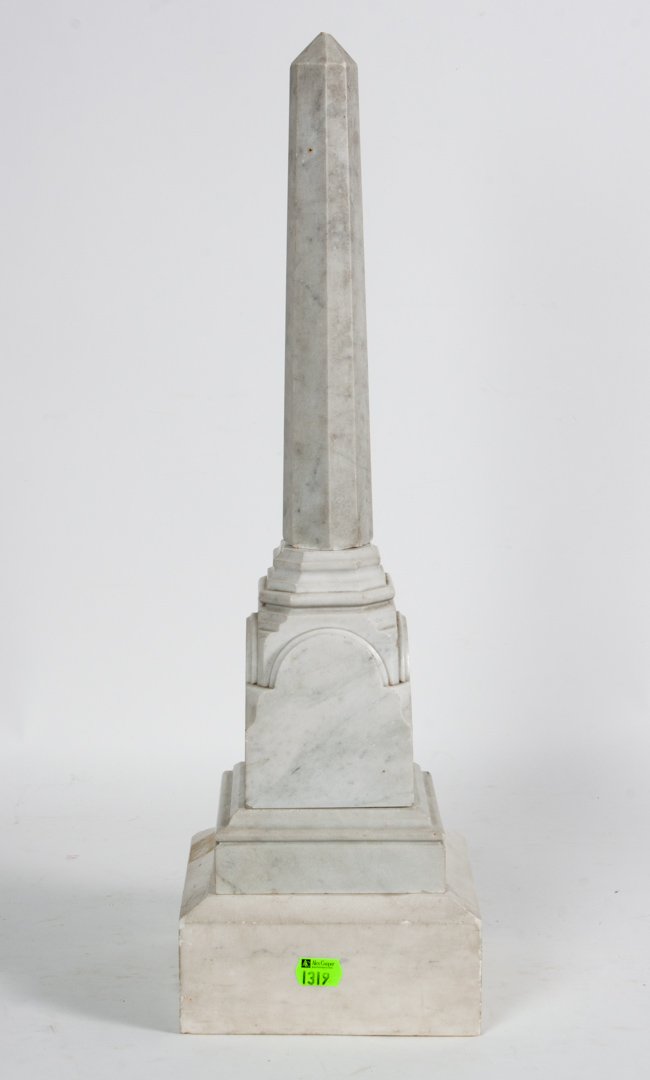 Classical style miniature marble obelisk: late 19th/early 20th century; four-part obelisk and base joined with dowels, 22 in. H.