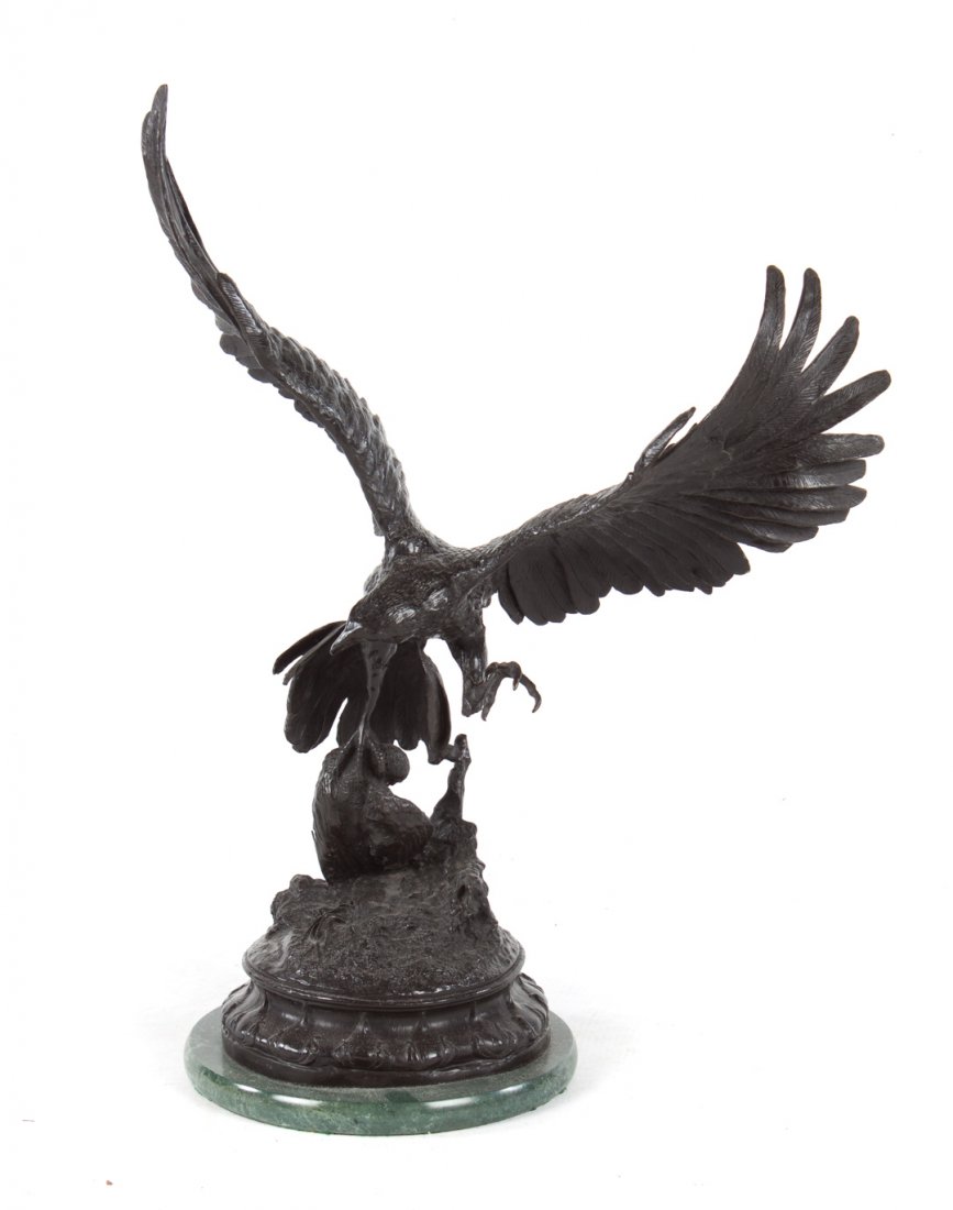 Contemporary bronze hawk figure: 20th century; modeled as hawk attacking songbird, mounted on marble base, 25 in. H. total