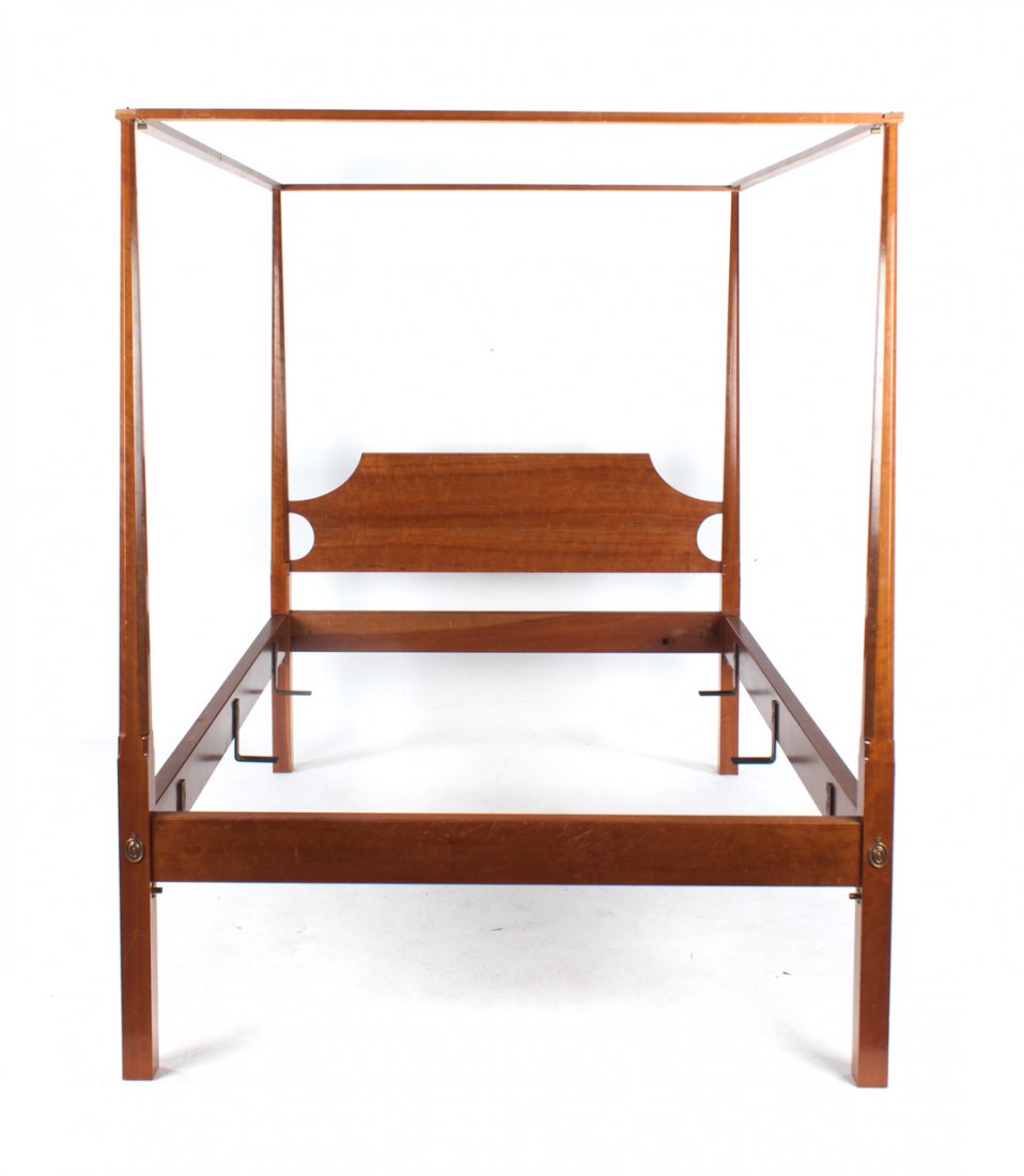 Cabinet made cherrywood double tester bedstead: second half-20th century; Enrico Liberti, Baltimore, solid headboard, four pencil posts with flat tester top, 72 in. H., 57 in. W.