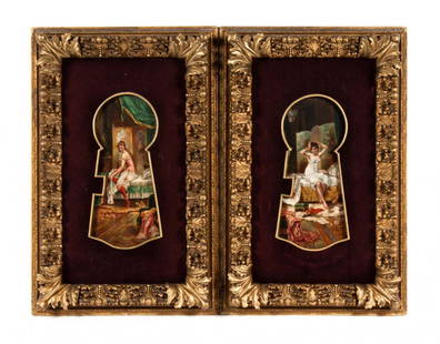 Joseph Bernard. Ladies Dressing, pair of oils: (French, 1864-1933). Pair of oils on canvas, each signed "J. Bernard" ll and lr, 26 1/4 x 14 3/4 in., in keyhole shaped frames. Christie's, New York, Sale 7721, May 23, Lot 166