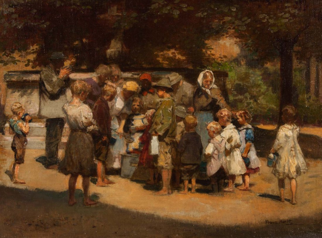 Franz Horst "At the Fountain", oil on canvas: (Austrian, 1862-1956). Signed "Franz Horst" lr, 16 1/4 x 22 3/4 in., framed. Sotheby's New York, Sale 6354, October 9, 1992, Lot 325