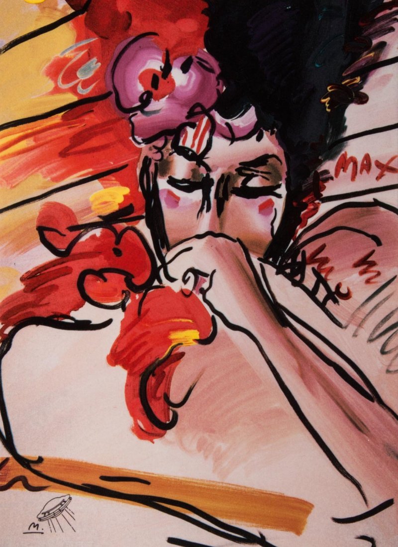 Peter Max "Suzin", ceramic: (German/American, b.1937). 1992, ceramic plaque, certificate of authenticity adhered to verso, signed with artist signature "M" and image of a spaceship ll, 10 1/4 x 7 1/2 in, framed.