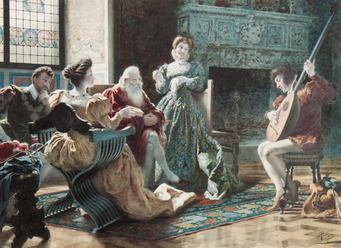 Giuseppe Aureli. The Concert, watercolor on paper: (Italian, 1858-1929). Signed "G. Aureli, Rome" lr, 21 1/4 x 29 in., framed