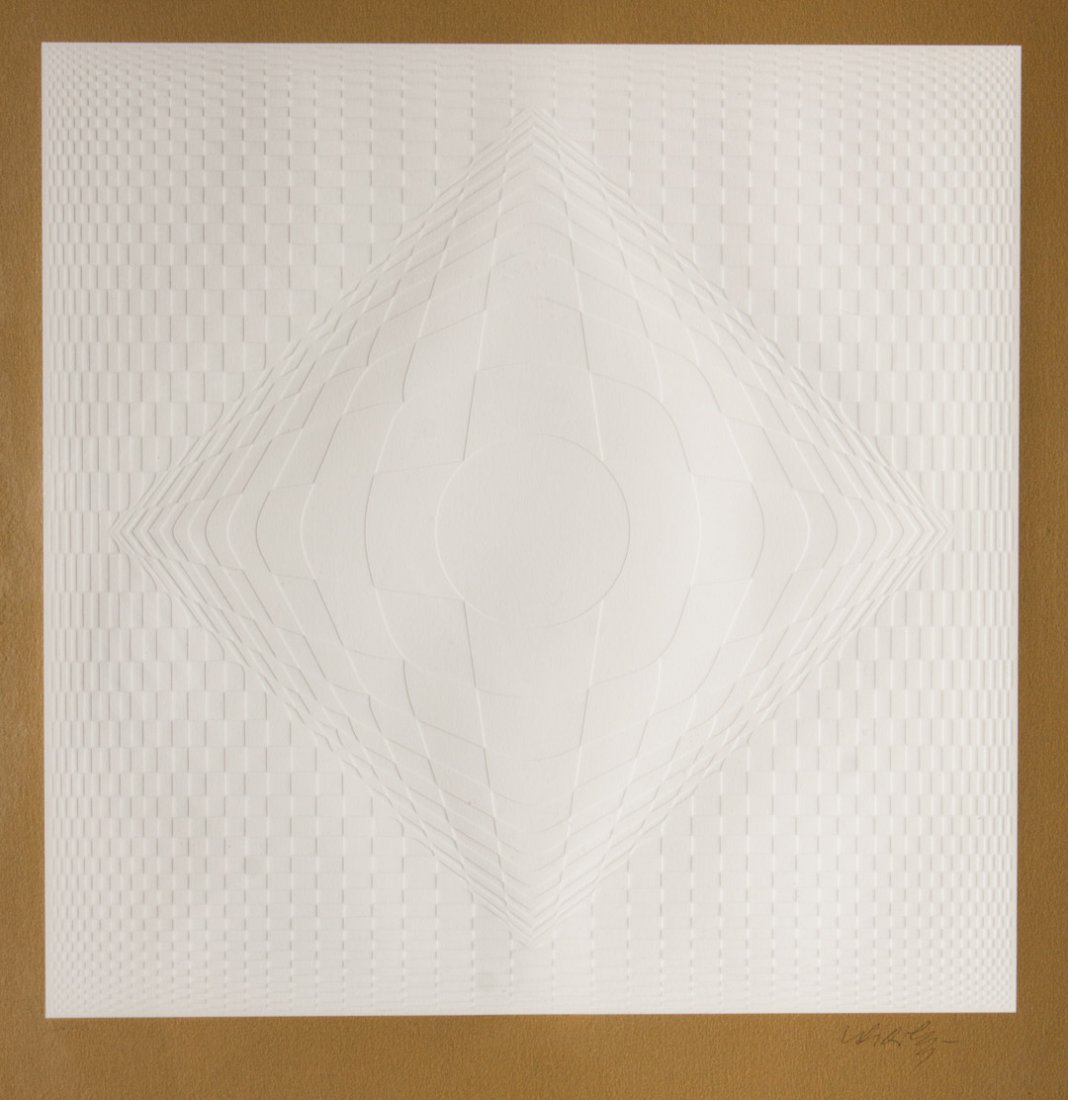 Victor Vasarely "Vertigo," embossed relief print: (French/Hungarian, 1906-1997). Ed. 24/150, signed "Vasarely" lr, 18 1/2 x 18 1/2 in., framed