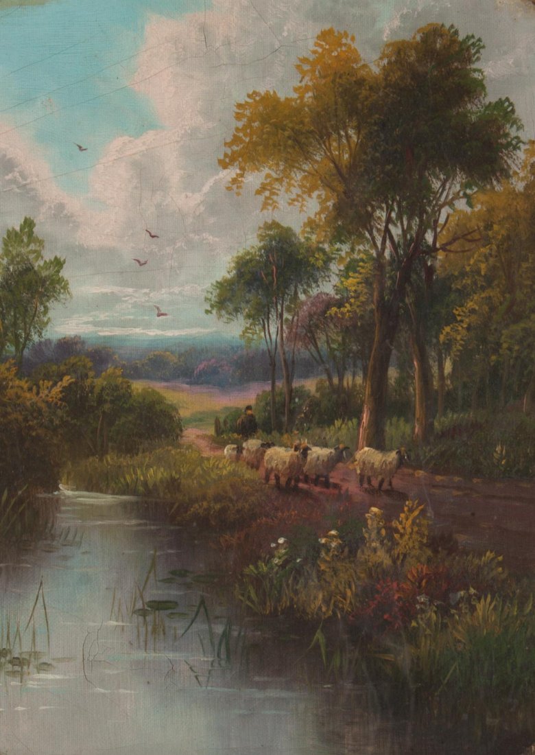 Late 19th c. Shepherd Leading Sheep, oil on canvas: Continental School, late 19th/early 20th century. Unsigned, 12 x 9 in., framed, mounted in a shadowbox frame