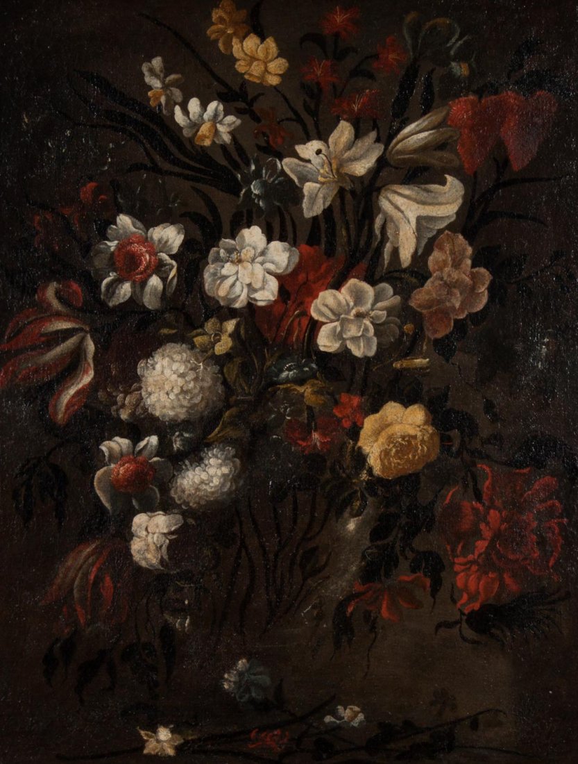 Continental School, early 19th c. Still Life, oil: Still Life with Flowers, oil on canvas, unsigned, 30 1/4 x 23 3/4 in., framed