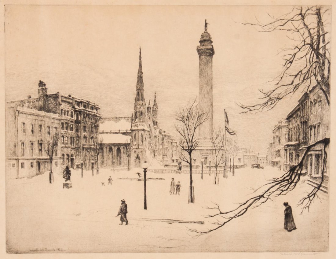 G.D.V. Clements "Winter-Mt. Vernon Place" etching: Gabrielle DeVaux Clements (American, 1858-1948). Signed "Gabrielle DeV. Clements" lr, 12 3/4 x 16 3/4 in., unframed