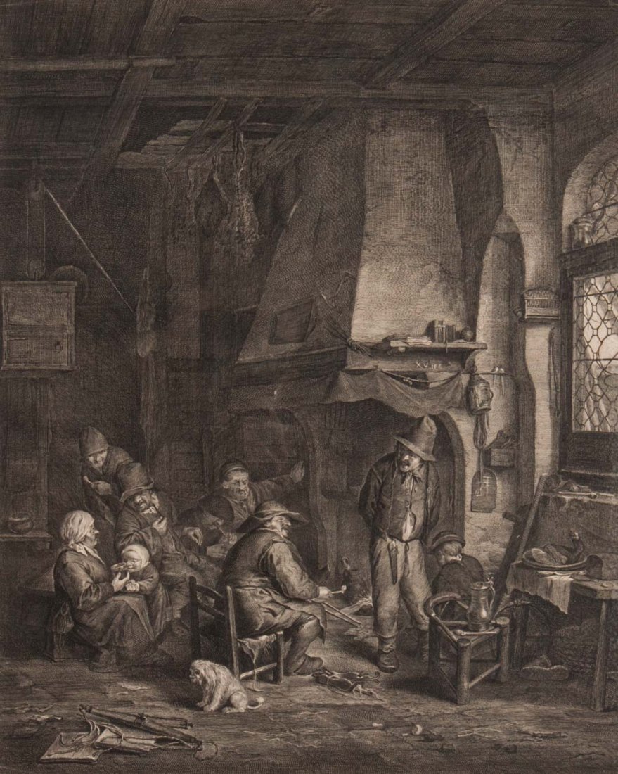 Nicolaus Visscher. Domestic Interior, engraving: (Dutch, 1618-1709). After Adriaen van Ostade, 17 x 13 1/2 in., framed