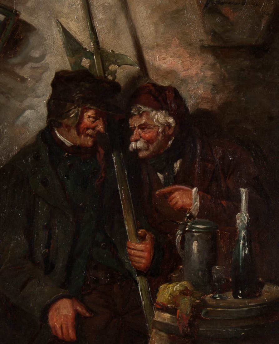 German School, 19th c. Tavern Scene, oil on canvas: (Late 19th century). Signed illegibly ur, 12 x 10 in., framed
