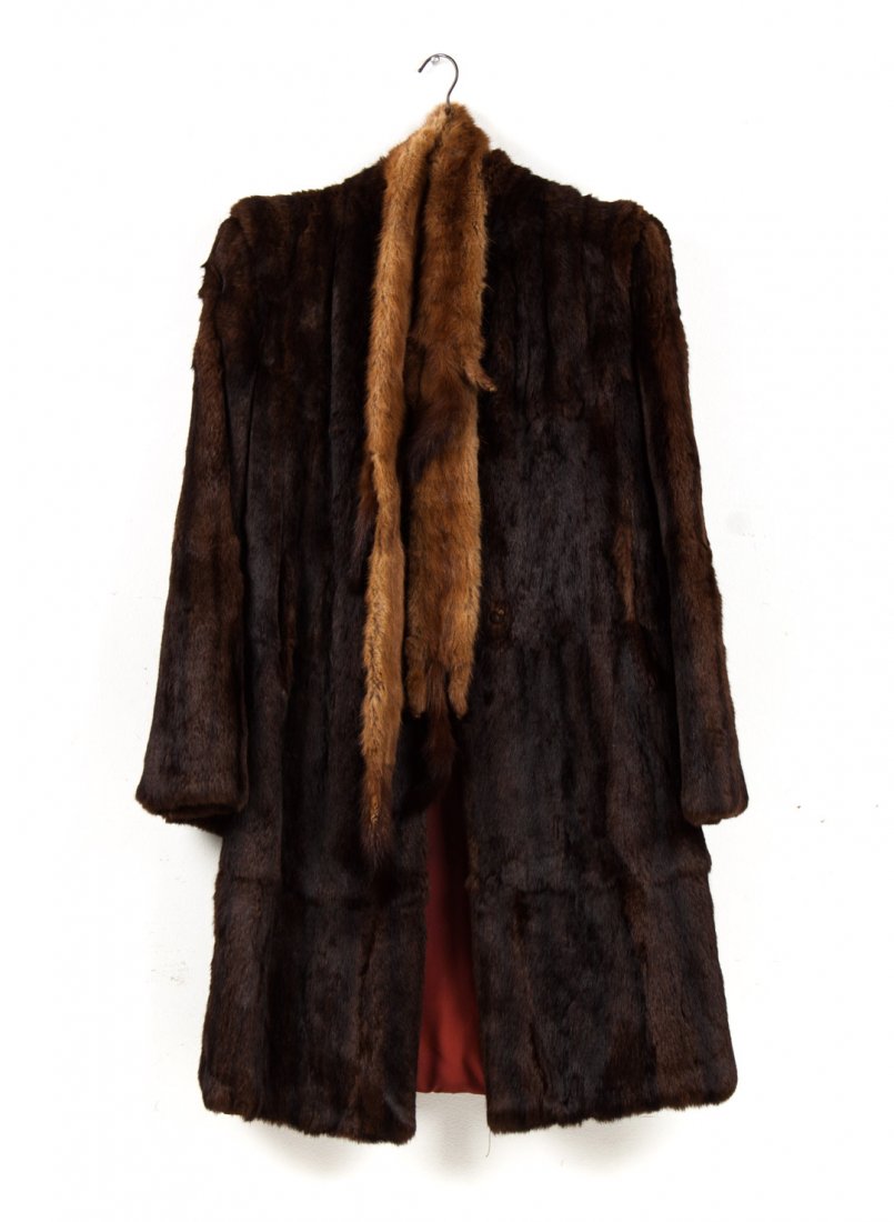 Lady's brown mink fur coat: Harper Furs, Baltimore, collarless mink fur coat with wide sleeves, about size 8 or small; together with a mink fur stole