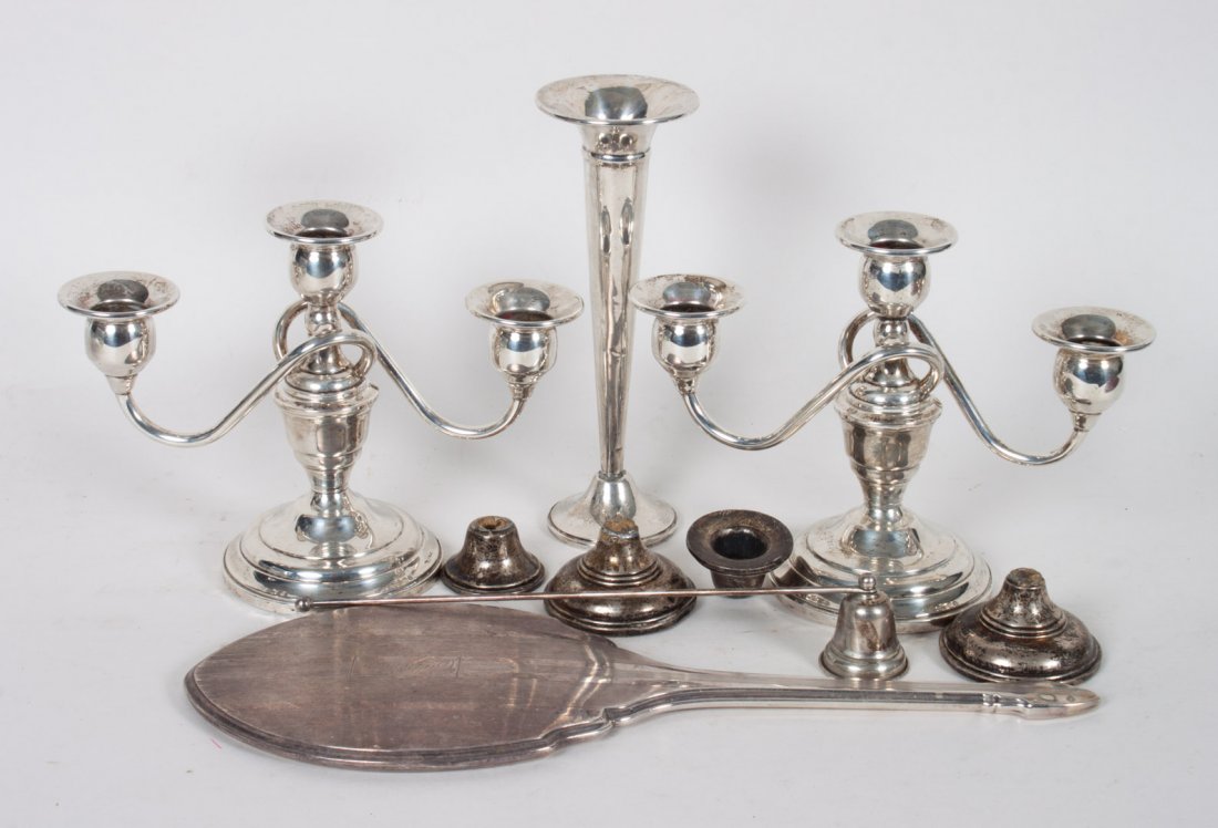 Miscellaneous weighted sterling silver items: including: pair of Gorham 3-light candelabra, trumpet vase, and a hand mirror; together with four broken weighted sterling pieces and a candle snuffer
