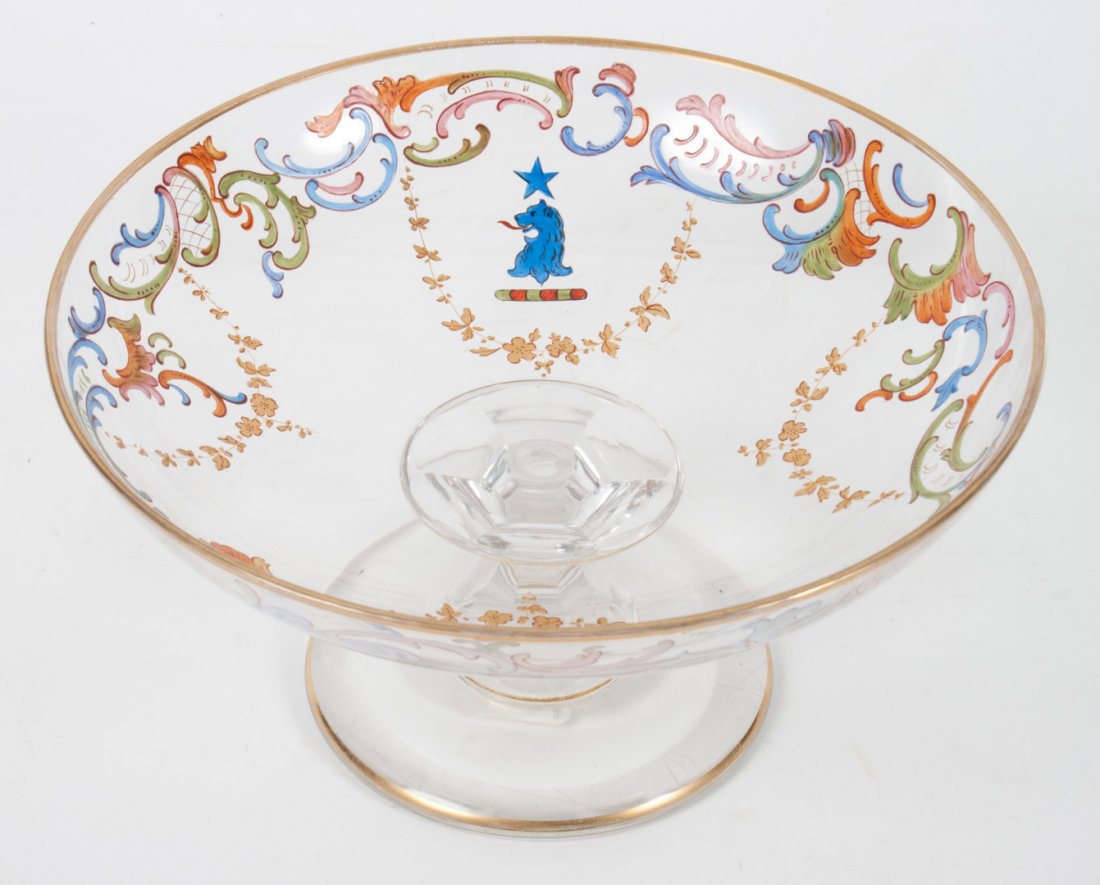 Silesian enameled glass compote: late 19th century; possibly Fritz Heckert, with floral and armorial decoration, 3 1/2 in. H., 6 in. Diam.