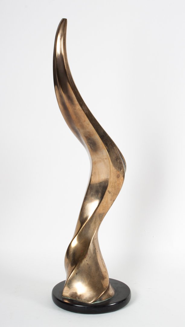 Tom Bennett. "Esprit," bronze sculpture: (American, b. 1952). Polished bronze abstract form, signed in cast "Tom Bennett '81 36/150," mounted on circular black marble base, 24 1/2 in. H. total
