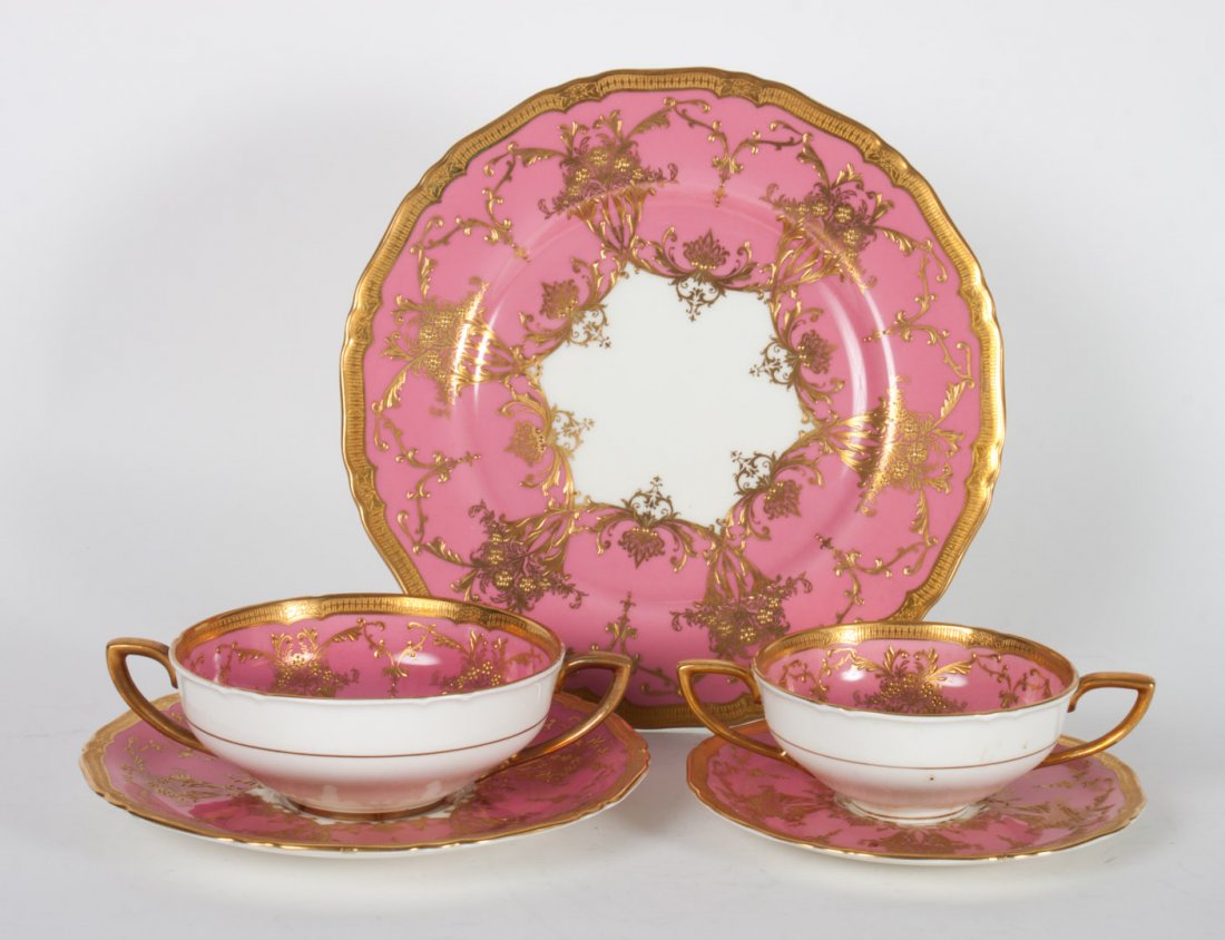 Royal Worcester china partial dinner service: comprising eight of the following: dinner plates, luncheon plates, dessert plates, bread plates, bouillon cups, double-handled soup bowls, soup underplates, and 20 saucers