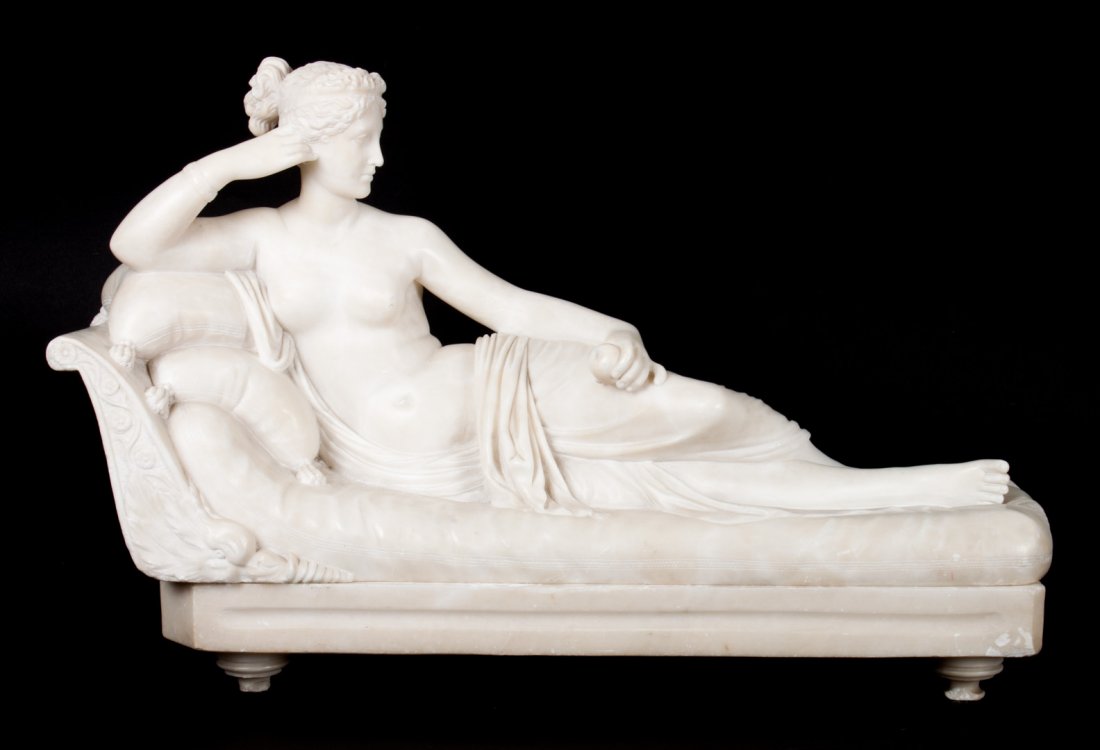 After Canova. Paullina Borghese alabaster figure: late 19th century; two-part carved figure of reclining beauty on couch, 10 in. H., 20 in. L.