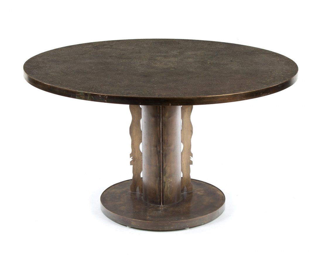 Phillip & Kelvin LaVerne Etruscan games table: New York, third quarter-20th century; pedestal table with etched and patinated bronze over wood, signed on base, 27 in. H., 47 1/4 in. H.