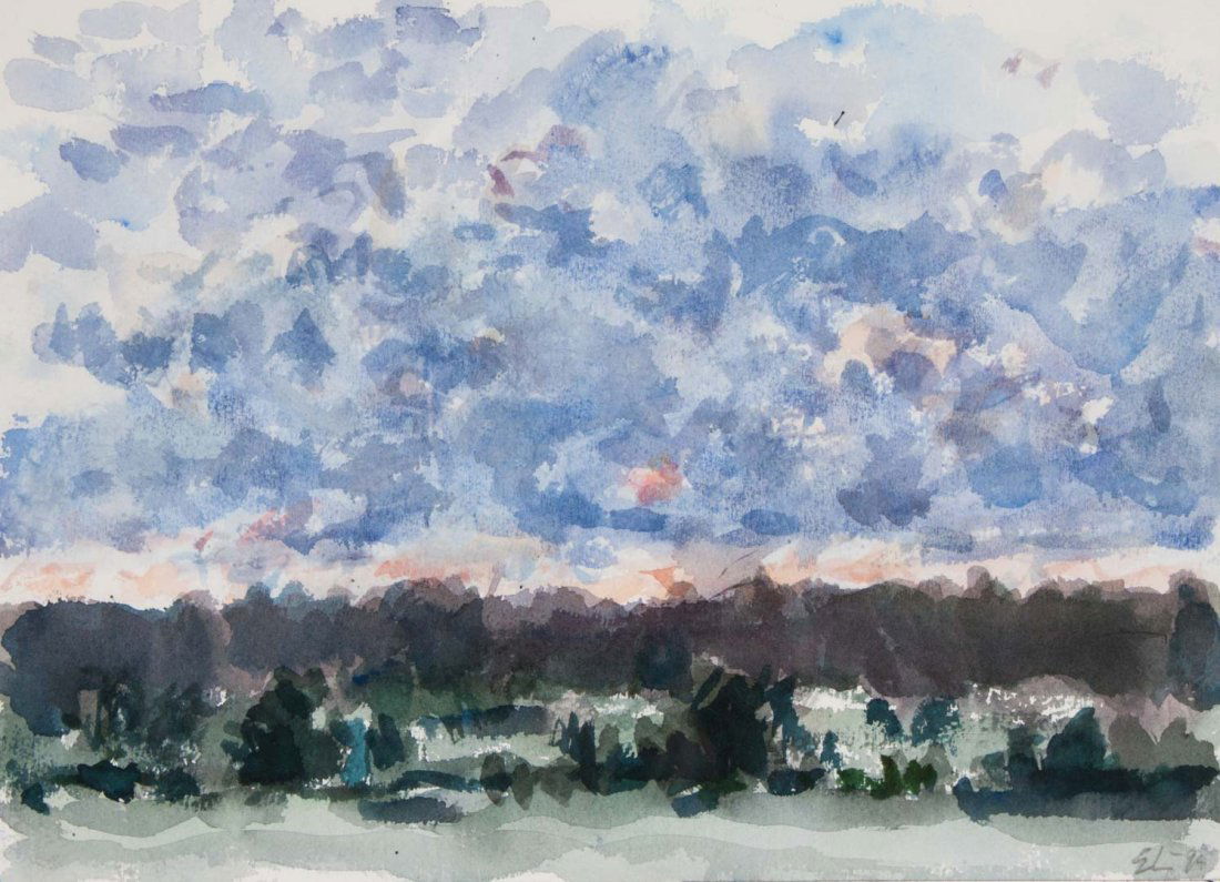 Eugene Leake "Morning Cloudy Sky," watercolor: Eugene W. (Bud) Leake (American, 1911-2005). watercolor on paper, initialed and dated "E.L.-'84" lr, 10 1/4 x 14 in., framed