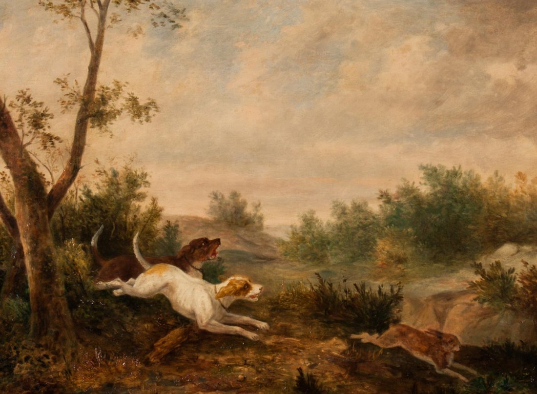 Manner of Rosa Bonheur "Chien de Chasse": (French, 19th century). Oil on canvas, unsigned, inscribed "Rosa Bonheur" and titled on verso, 19 1/4 x 25 1/2 in., framed