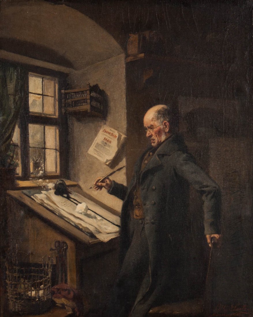 Otto Leitz. The Broken Window," oil on canvas: (German, 19th century). Signed and dated "Otto Leitz, Munchen, 1808" lr, 19 x 15 1/4 in., framed