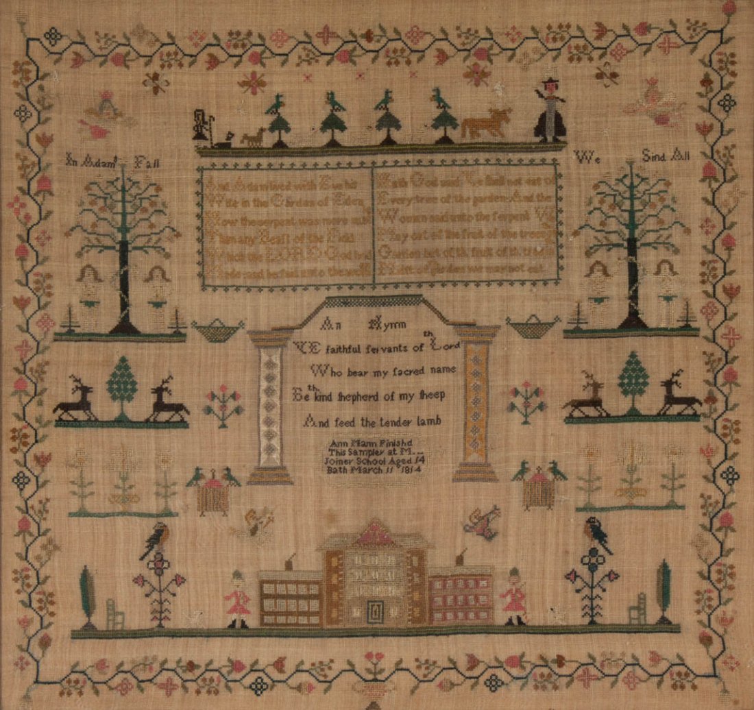 19th c. English needlework sampler, framed: Worked by Ann Mann, Bath, England, dated March 11, 1814, 18 x 19 1/4 in., framed