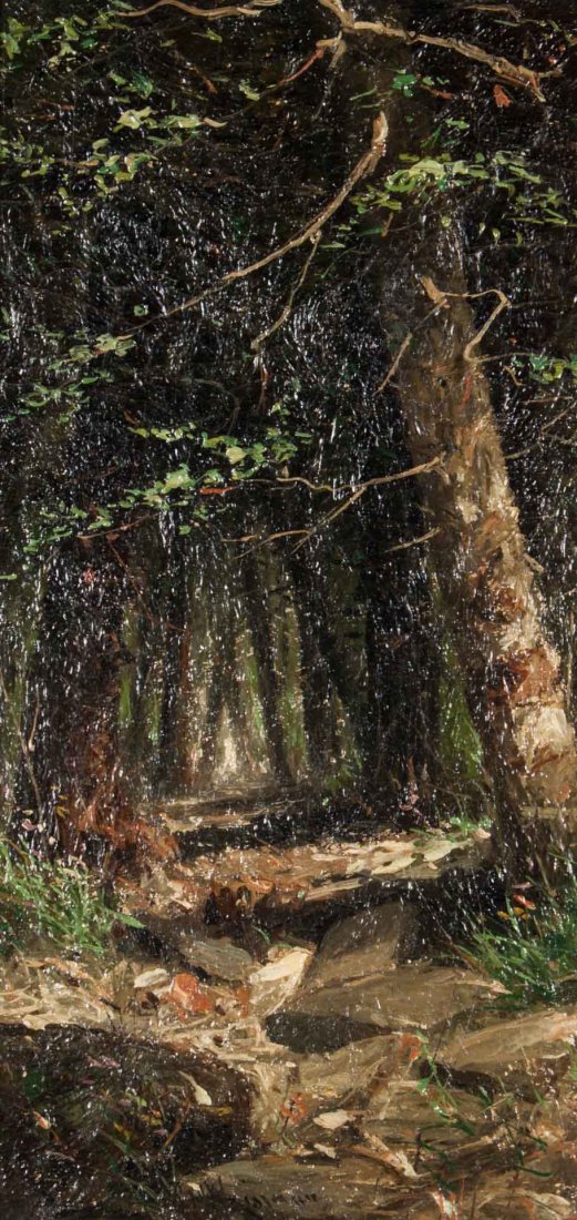 William Weisman. Stream in Forest, oil on canvas: (American, 1840-1922). Signed "W.H. Weisman" lr, 16 x 8 in., framed