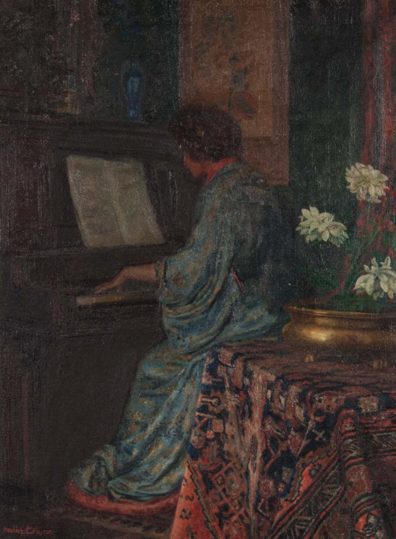Henry E. Fritz. Woman at Piano, oil on canvas: Henry Eugene Fritz (American, 1875-1956). Signed "Henry E. Fritz" ll, 24 x 18 in., framed