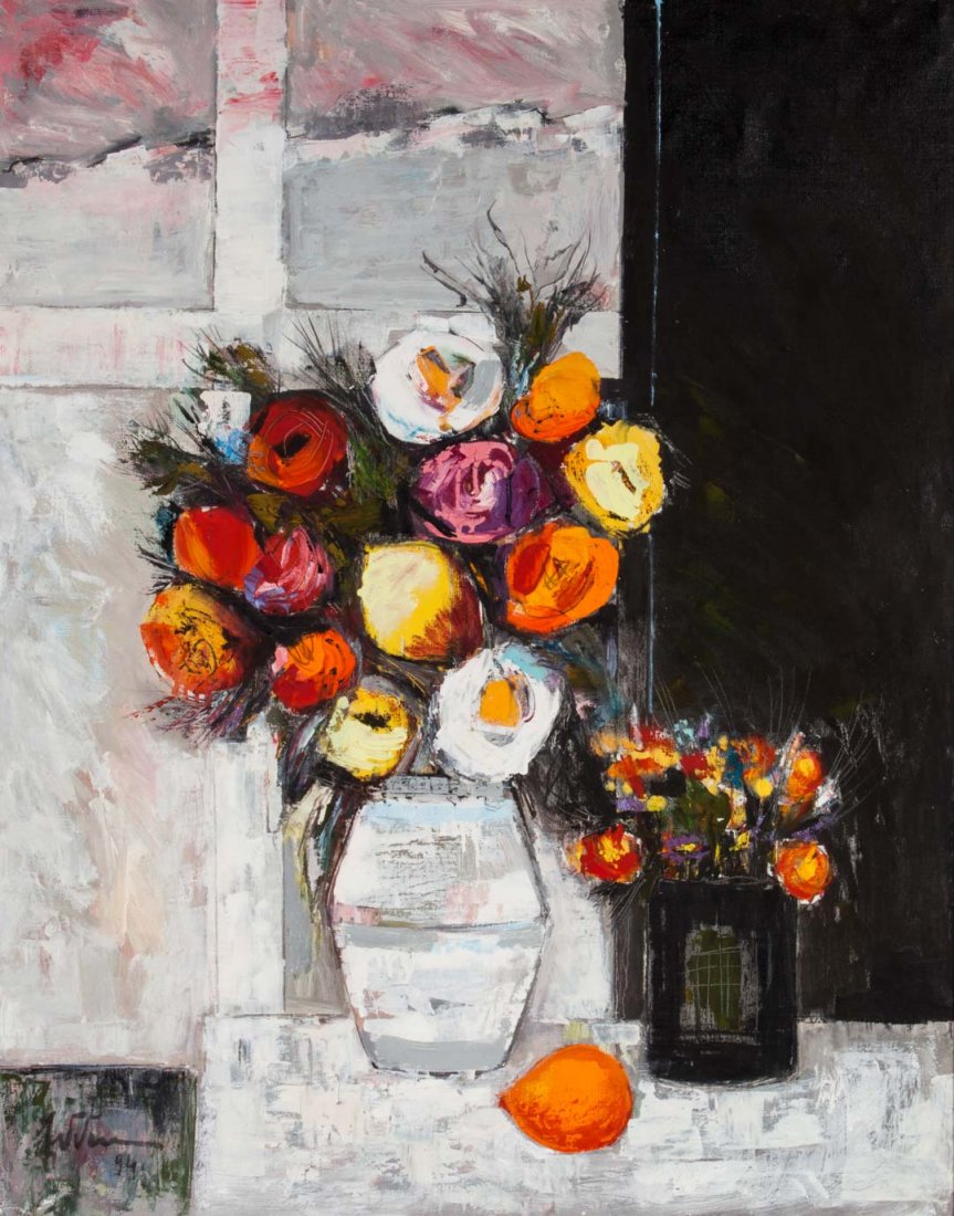 Emma Gregorian. "Still Life with Flowers," oil: (Armenian, b.1943). oil on canvas, signed and dated '94 ll, 39 x 31 in., framed