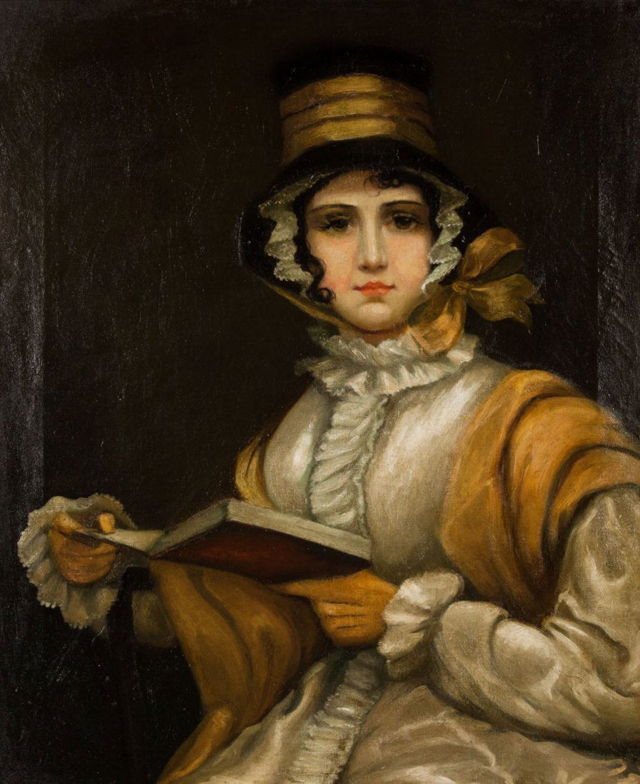 British School, 19th c. Lady with Book, oil/canvas: Portrait of a Lady with a Book, oil on canvas, unsigned, 30 x 25 in. Young's Art Shop, Richmond, VA, label on verso